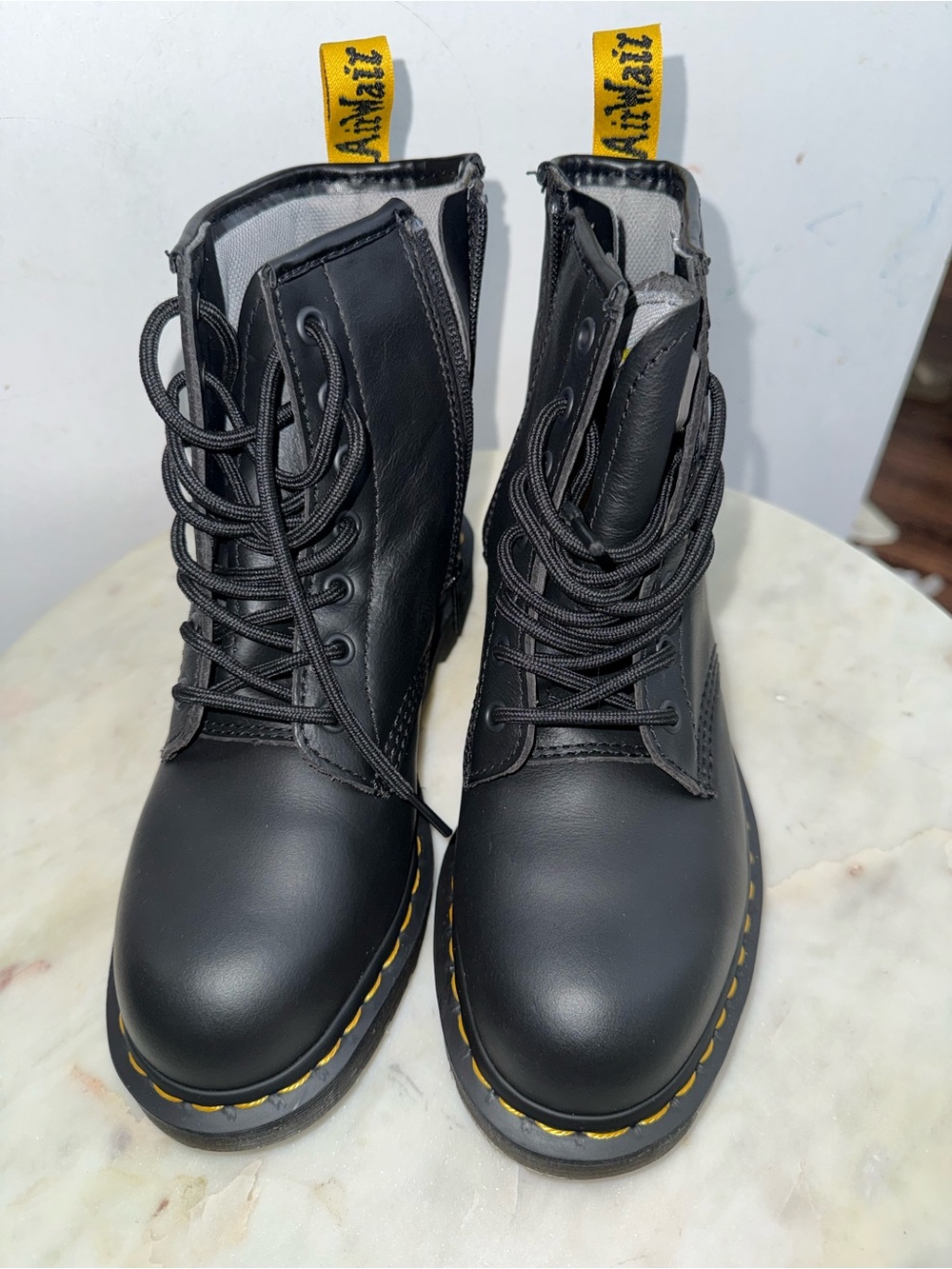 Dr. Martens Black Lace-Up steel toe Boots with Yellow Heel Loop